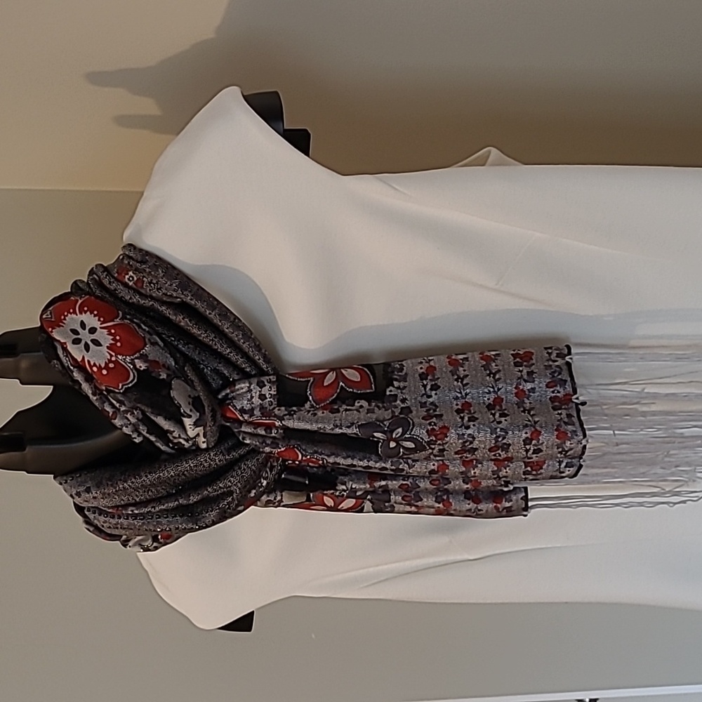 FASHION SCARF, floral, black, red,silver, rectangular, 70" plus fringe.